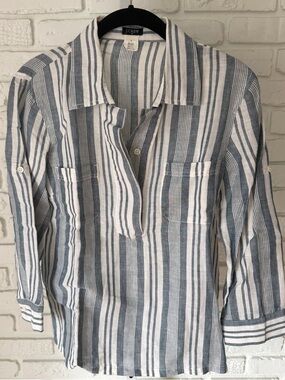 J.Crew Blue White Striped Linen Blend Popover Shirt Small